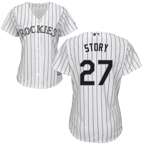 Rockies #27 Trevor Story White Strip Home Women's Stitched MLB Jersey